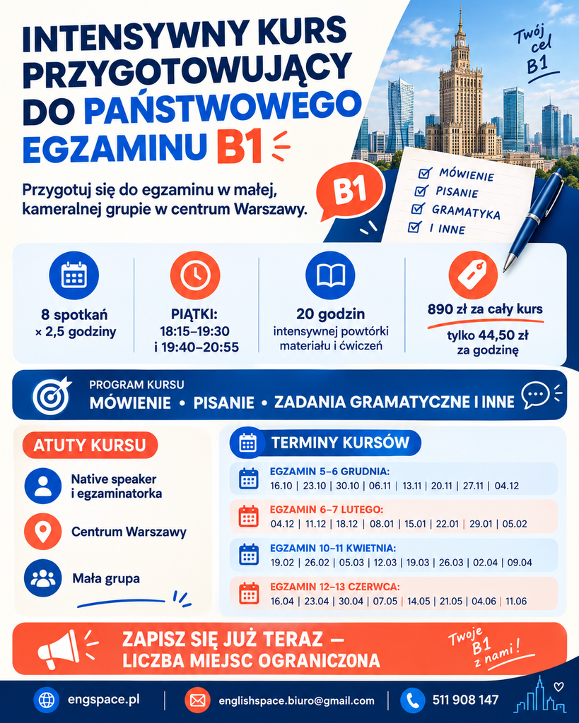 plakat intensywnego kursu egzaminacyjnego b1